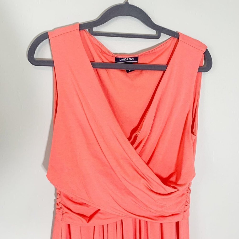 Lands' End Women Coral Pima Cotton Modal Surplice Ruched Sleeveless Dress Size S - Picture 2 of 10